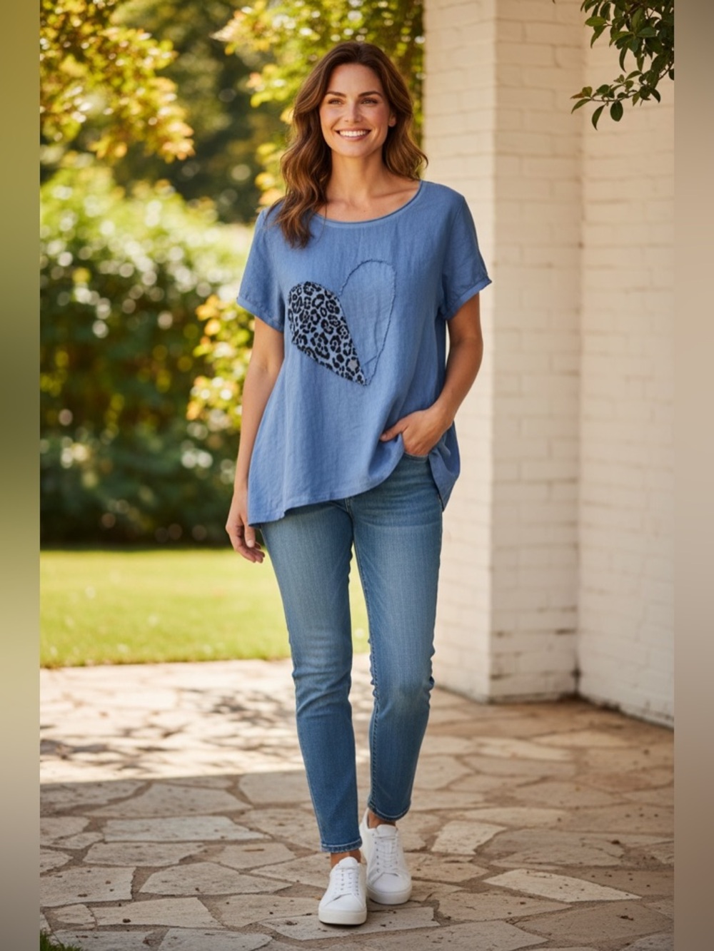 Femme Fatale Blue Short Sleeve Heart Applique Top | NWT